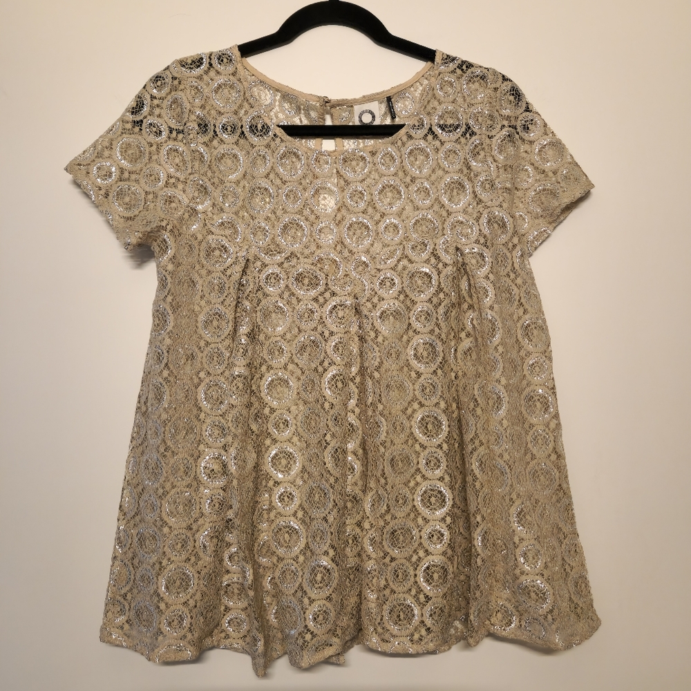 Anthropologie Akemi + Kin Metallic Lace Blouse | S | Silver Gold Empire Waist